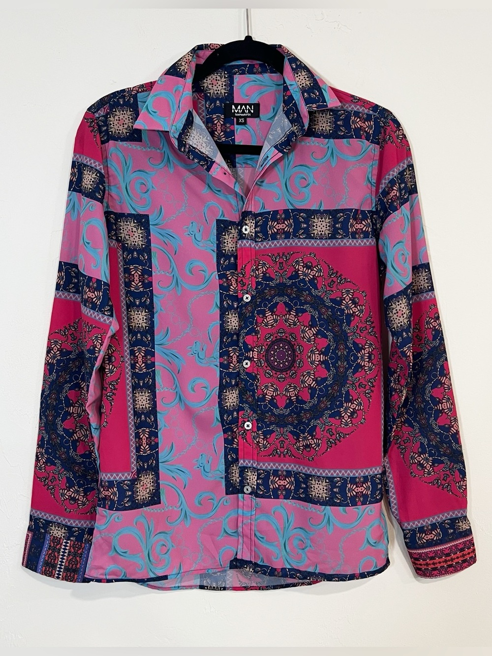 Boohoo Man Patchwork Paisley Baroque Button Up Shirt Pink Blue Size XS